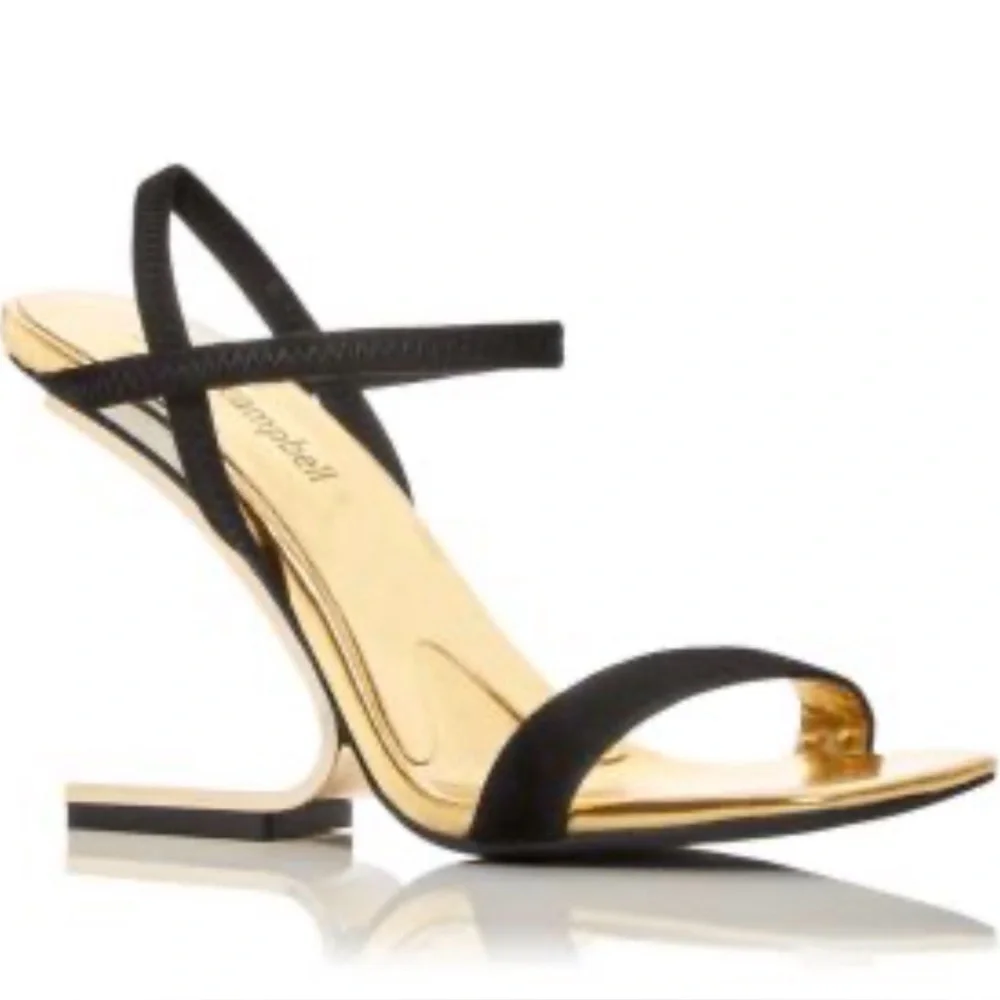 Jeffrey Campbell Geometric High Heel Sandals Size 9.5 Black & Gold Inverted Heel - Picture 1 of 7
